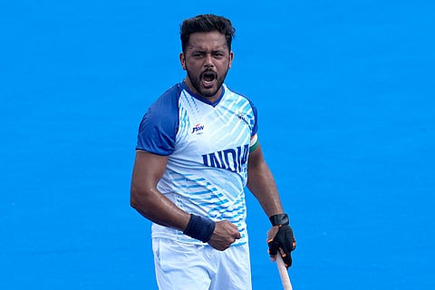 Harmanpreet Singh celebrates after scoring a goal